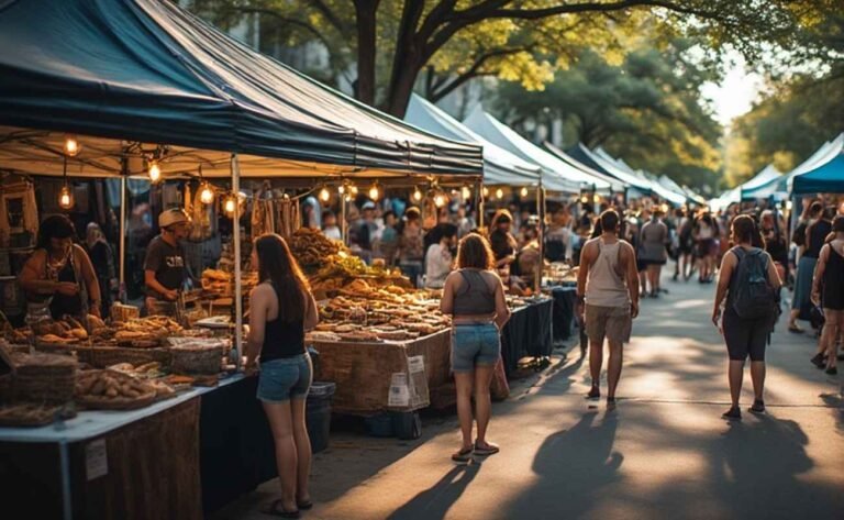 Austin street festival scene with artisan stalls and live band in background