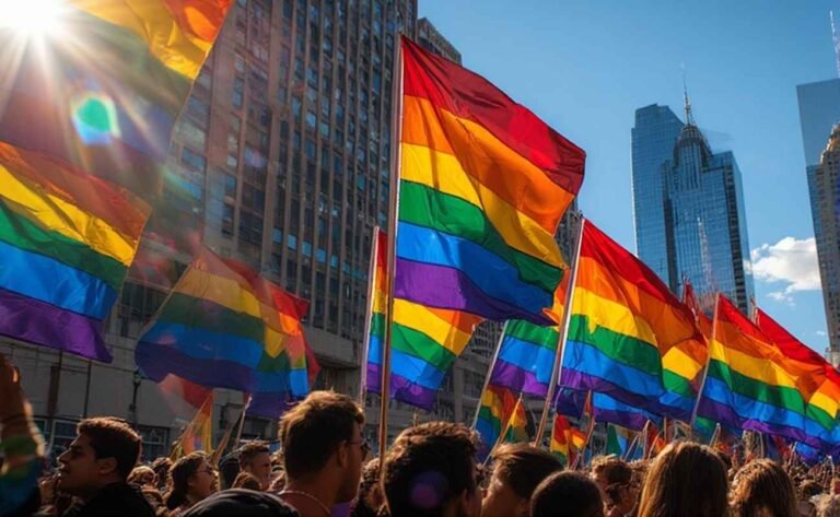 Rainbow flags waving against Dallas skyline during parade