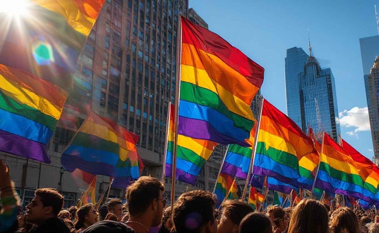 Rainbow flags waving against Dallas skyline during parade