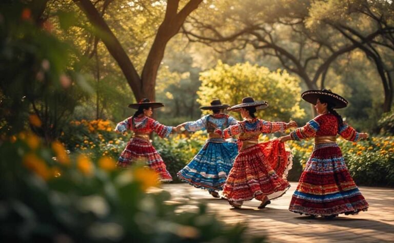 Vibrant dancers in traditional Hispanic attire framed by Dallas Arboretum gardens