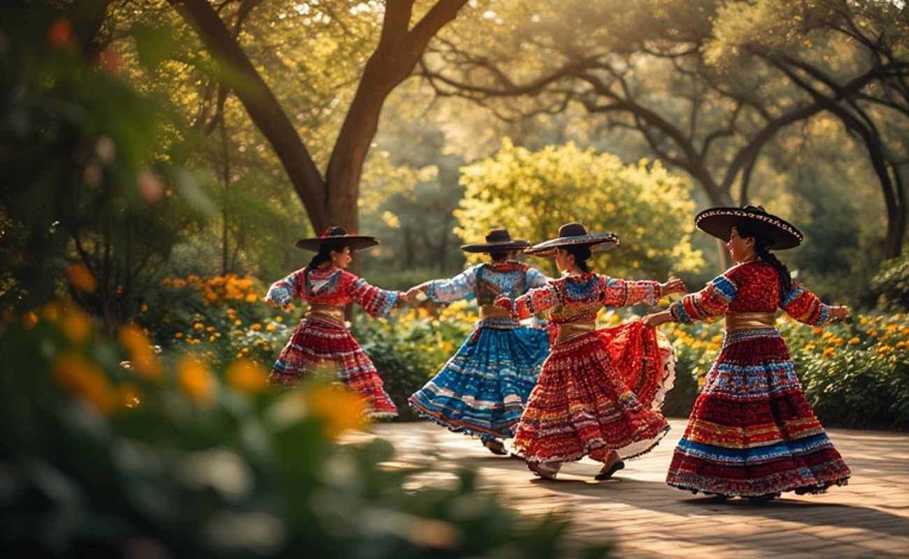 Vibrant dancers in traditional Hispanic attire framed by Dallas Arboretum gardens